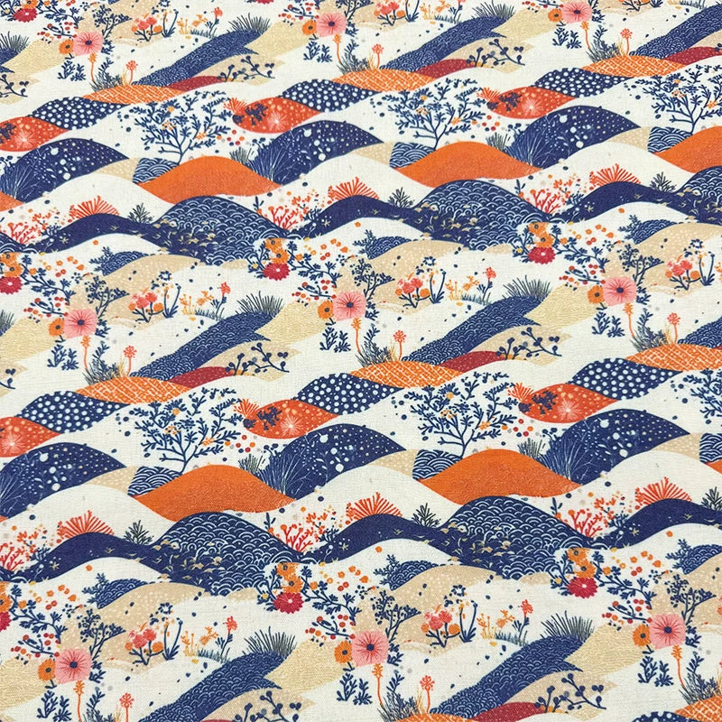 Japanese Floral Print Cotton Linen Fabric for Curtains & Decor - Colorful Floral