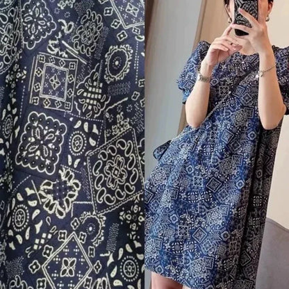 Rayon Fabric, Ethnic Navy Print, for Qipao & Dresses
