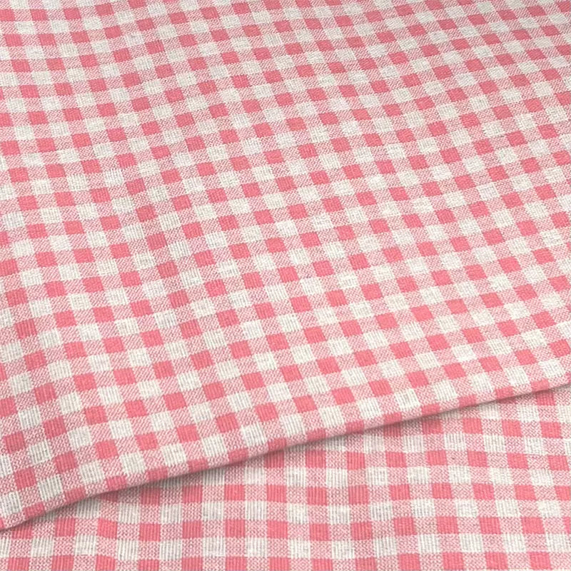 Plaid Cotton Linen Fabric for Tablecloths, Sofa Covers & Crafts - Pink Plaid
