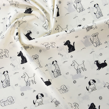 Vintage Floral Cotton Fabric, 60s Print Cloth for Kids Dresses & Dolls - Ink White Dog