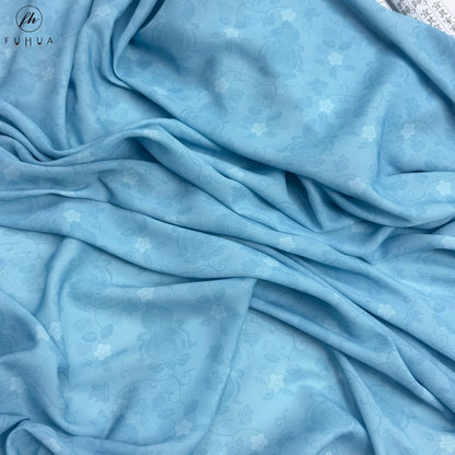 Chiffon Print Fabric with Gourd Vines, Sheer Polyester Cloth for Hanfu & Apparel - Cloud Blue