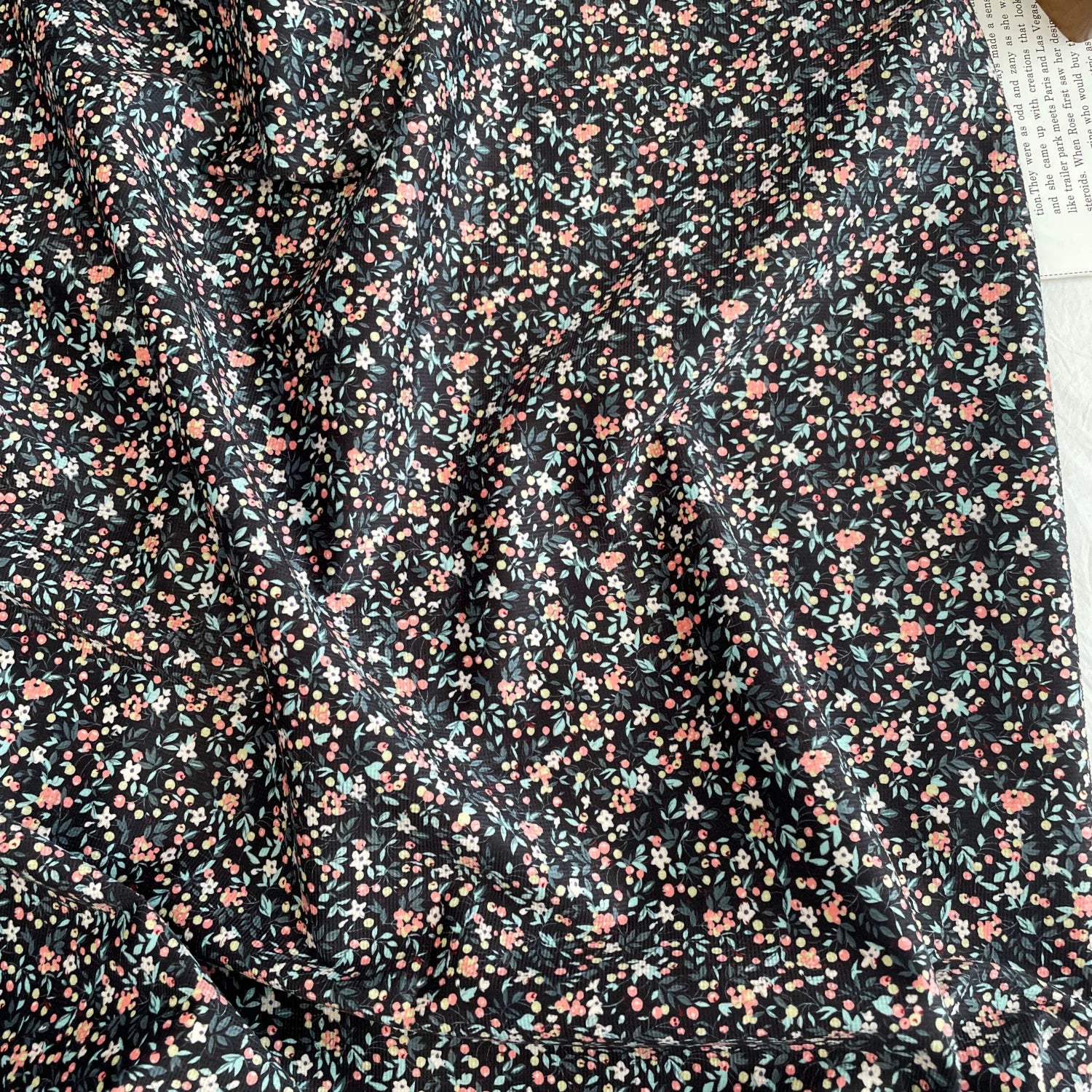 Printed Cotton Corduroy Fabric, for Dresses & Cushions - Corduroy Tiny Floral Black