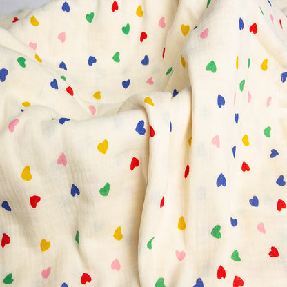 Double Gauze Cotton Fabric - Crinkle Texture Apparel & Craft by the Yard - Rainbow Heart