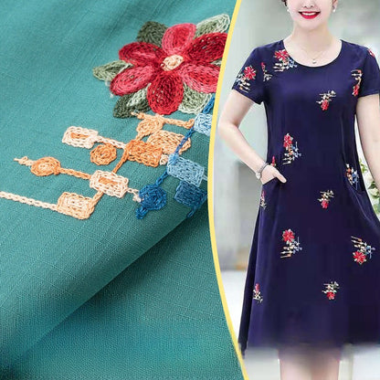 Embroidered Slub Cotton Fabric, Lightweight Woven Cloth for Shirts & Dresses - Lake Blue