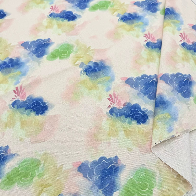 Watercolor Print Cotton Linen Fabric for Tablecloths & Door Curtains - Colorful Clouds