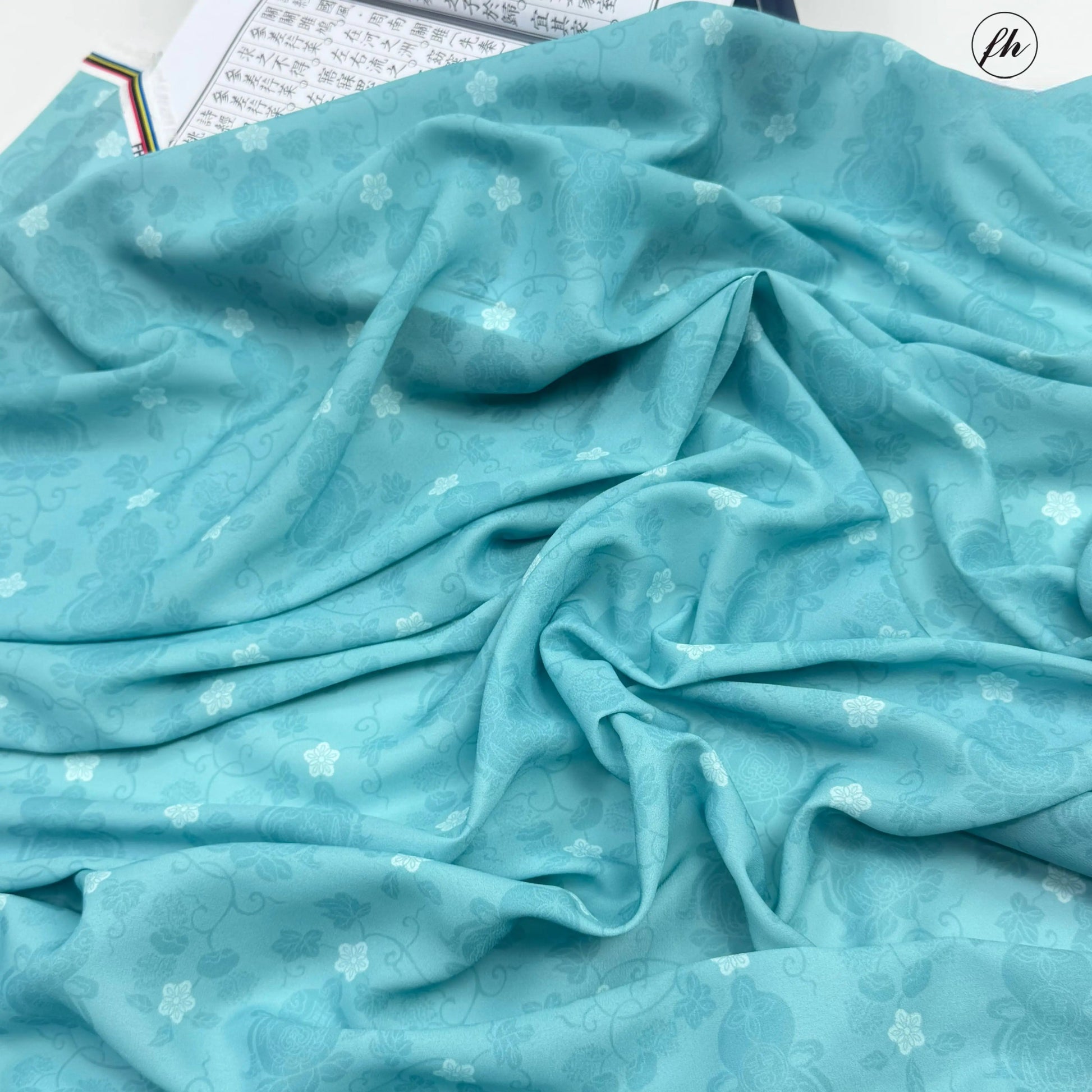 Chiffon Print Fabric with Gourd Vines, Sheer Polyester Cloth for Hanfu & Apparel - Clear Teal
