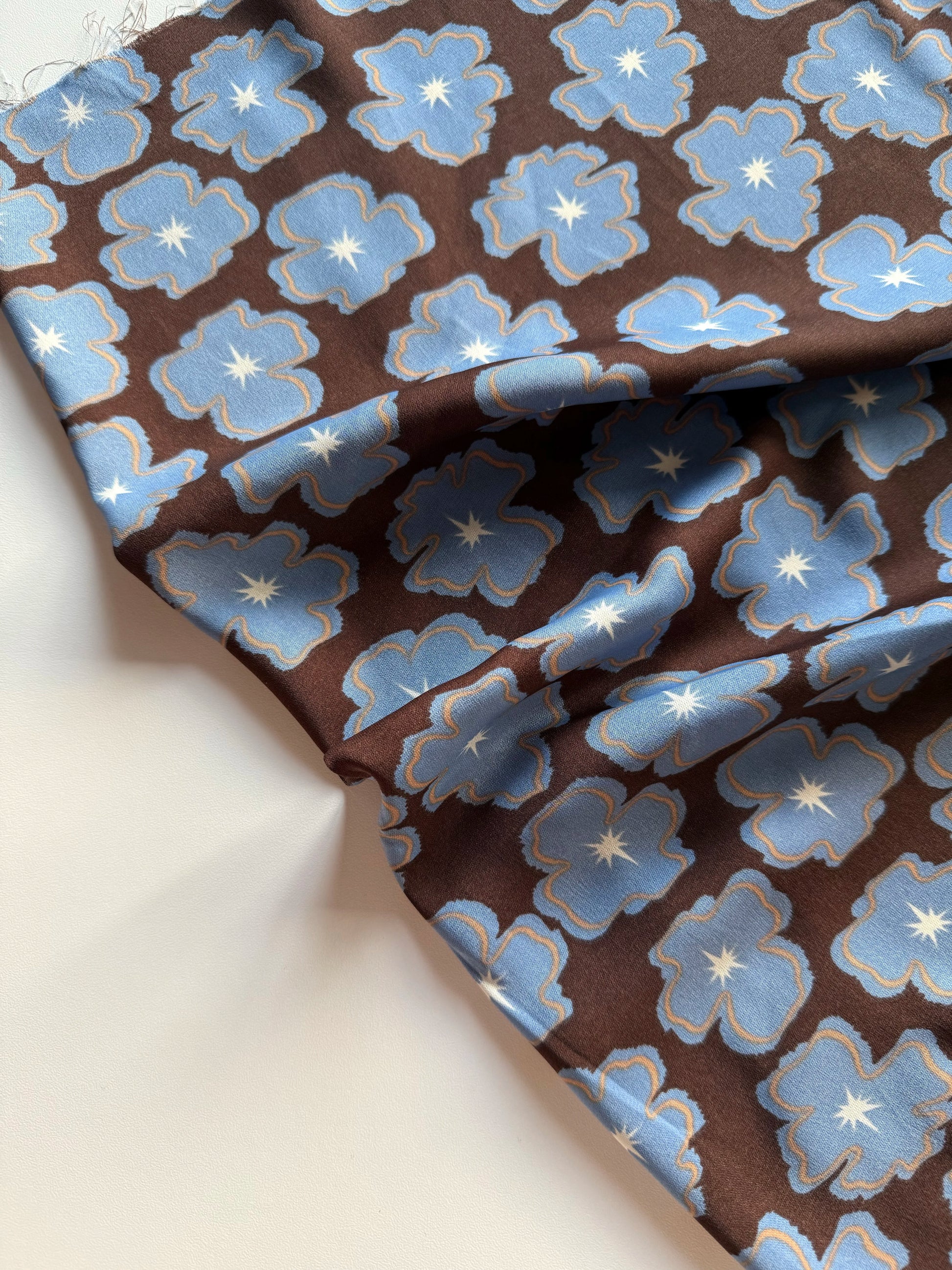 Polyester Satin Print Fabric, Blue Brown Floral, for Dresses, Blouses & Skirts