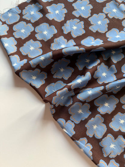 Polyester Satin Print Fabric, Blue Brown Floral, for Dresses, Blouses & Skirts