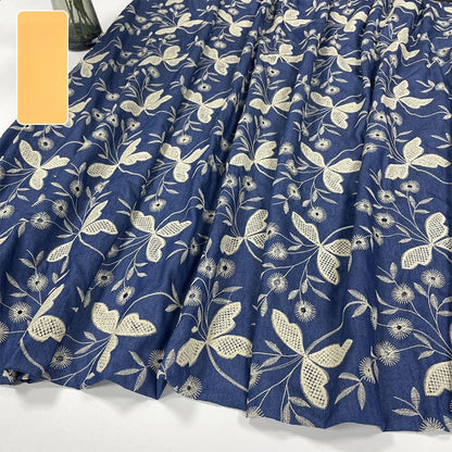 Poly-Cotton Embroidered Denim Fabric, Lightweight Denim for Shirts & Dresses - Medium Blue