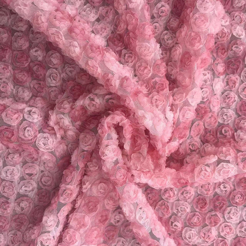 3D Rose Cord Embroidery Fabric, 110 g/m², 130 cm Wide, for Wedding, Bags & Craft - Pink