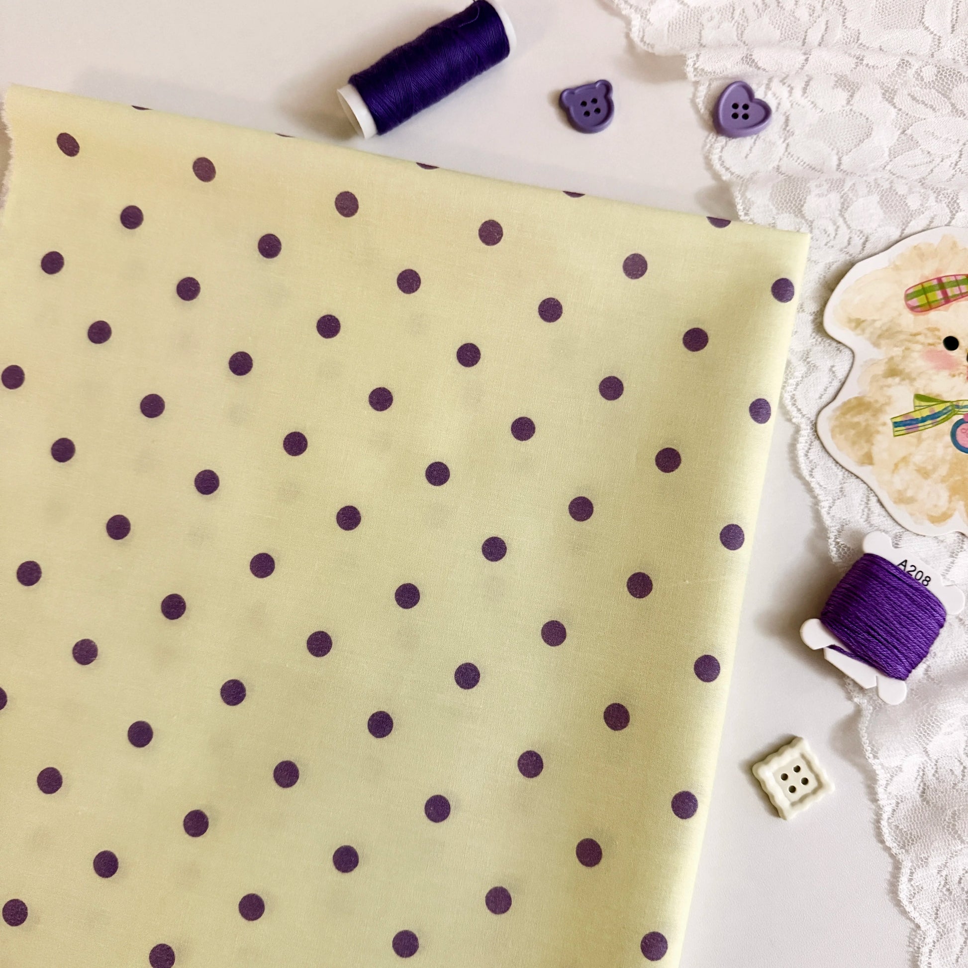 Cotton Print Fabric, Fresh Polka Dots, for Homewear, Scrunchies & Dollwear - Yellow Purple Dot