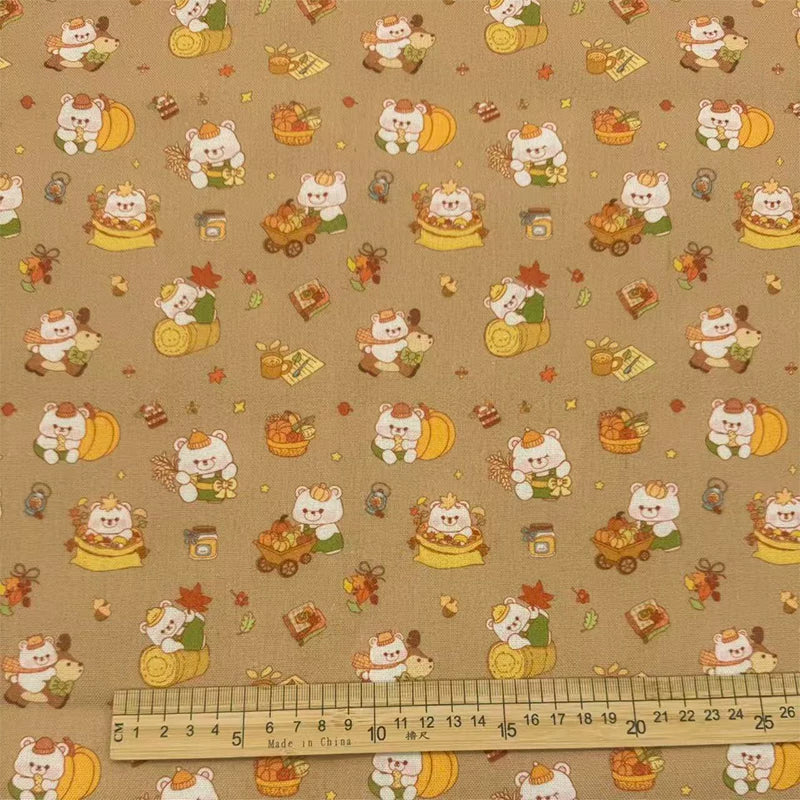Autumn Woodland Bear Print Cotton-Linen Fabric, Cozy Fall Cloth for DIY & Decor - Coffee Brown