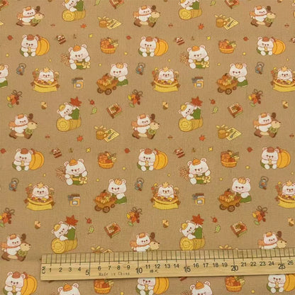 Autumn Woodland Bear Print Cotton-Linen Fabric, Cozy Fall Cloth for DIY & Decor - Coffee Brown