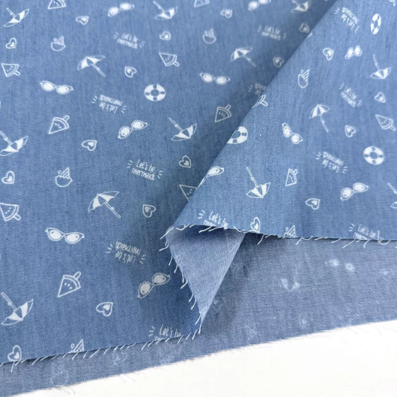Cotton Denim Fabric, Washed Prints, for Dresses, Shirts & DIY - Summer Beach Light Blue
