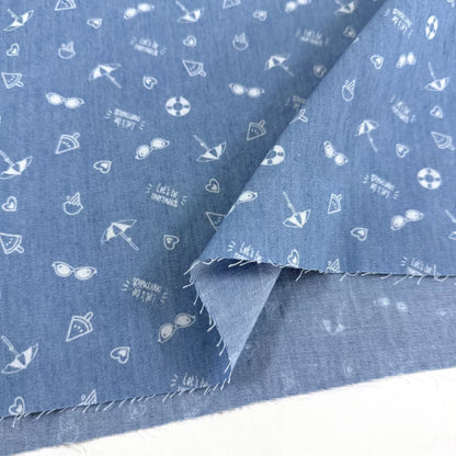 Cotton Denim Fabric, Washed Prints, for Dresses, Shirts & DIY - Summer Beach Light Blue