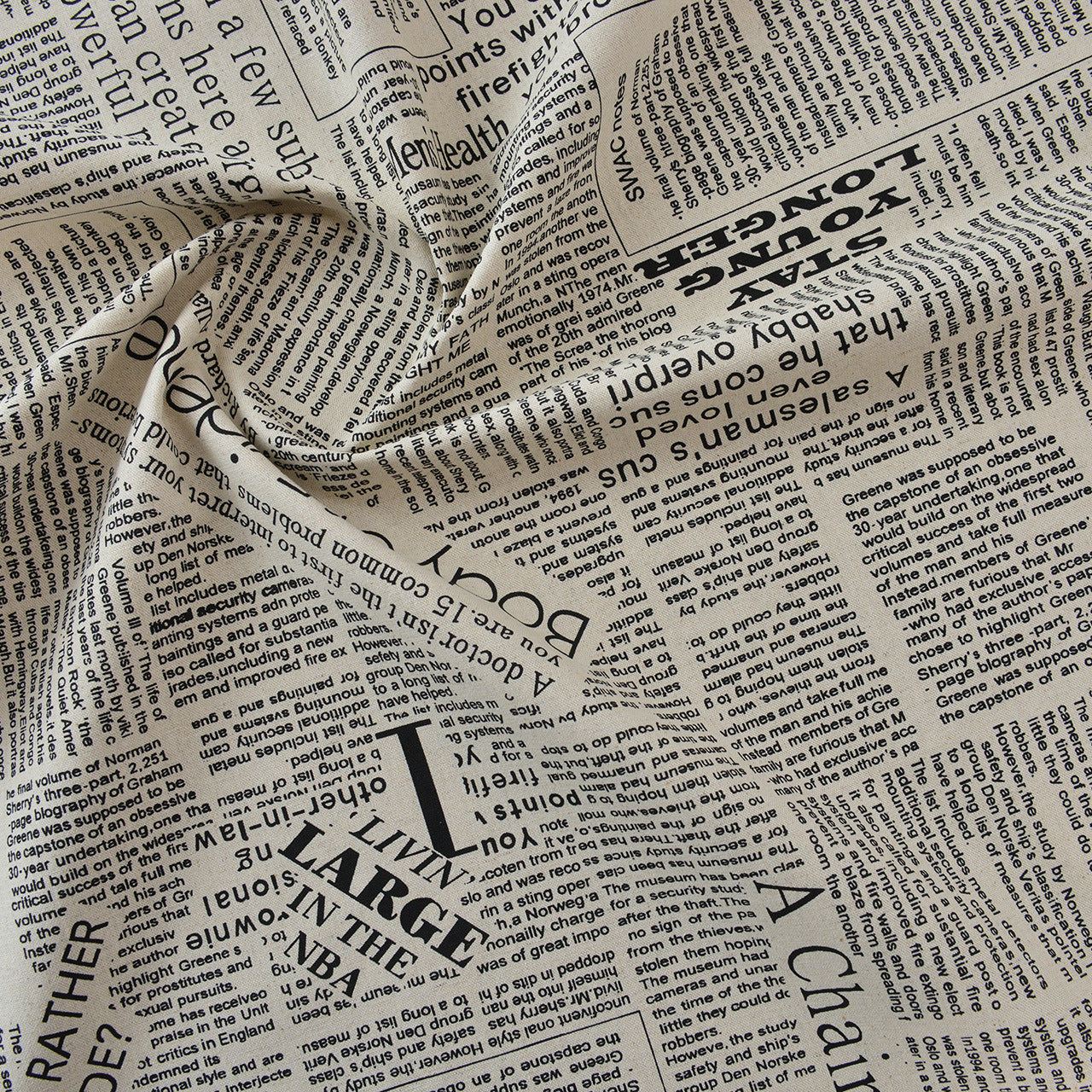 Vintage Newspaper Printed Cotton Fabric - Craft Table Linen by the Yard - Natural Base Black Text