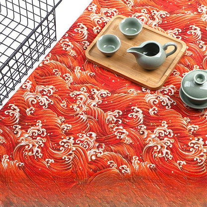 Japanese Wave Cotton-Linen Print Fabric, Woven Home & Apparel Cloth - Orange Wave