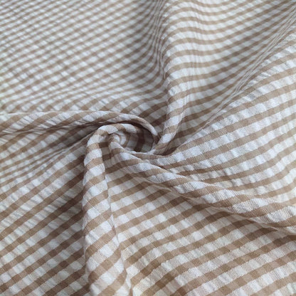Seersucker Plaid Fabric, Cotton Blend for Shirts, Dresses & Summer Sewing - Coffee Plaid