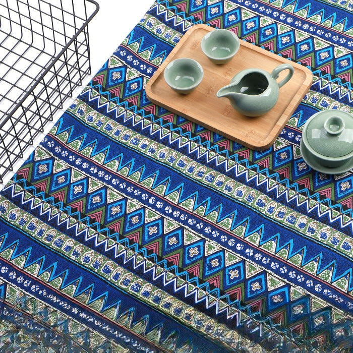 Japanese Wave Cotton-Linen Print Fabric, Woven Home & Apparel Cloth - Blue Ethnic