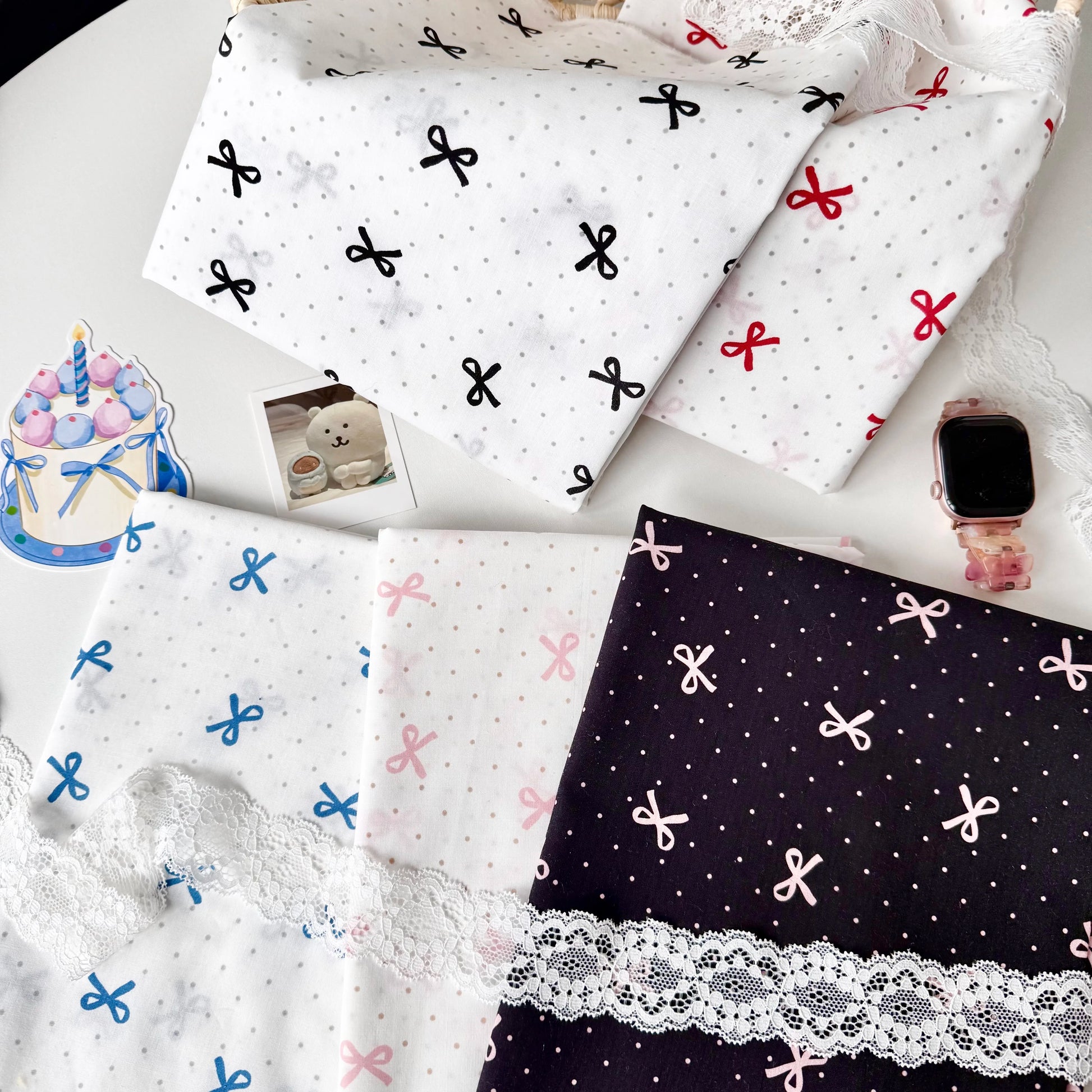 Cotton Fabric, Bow & Polka Dot Prints, for Homewear, Dollwear & Scrunchies