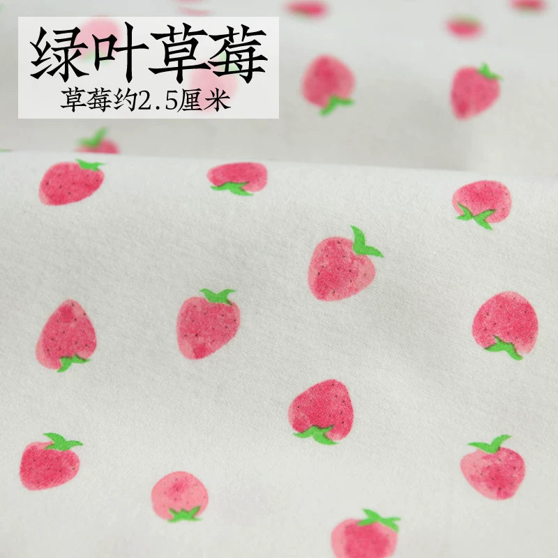 Brushed Cotton Flannel Fabric, Kids Prints, for Kids' Wear, Pajamas & DIY - Green Leaf Strawberry