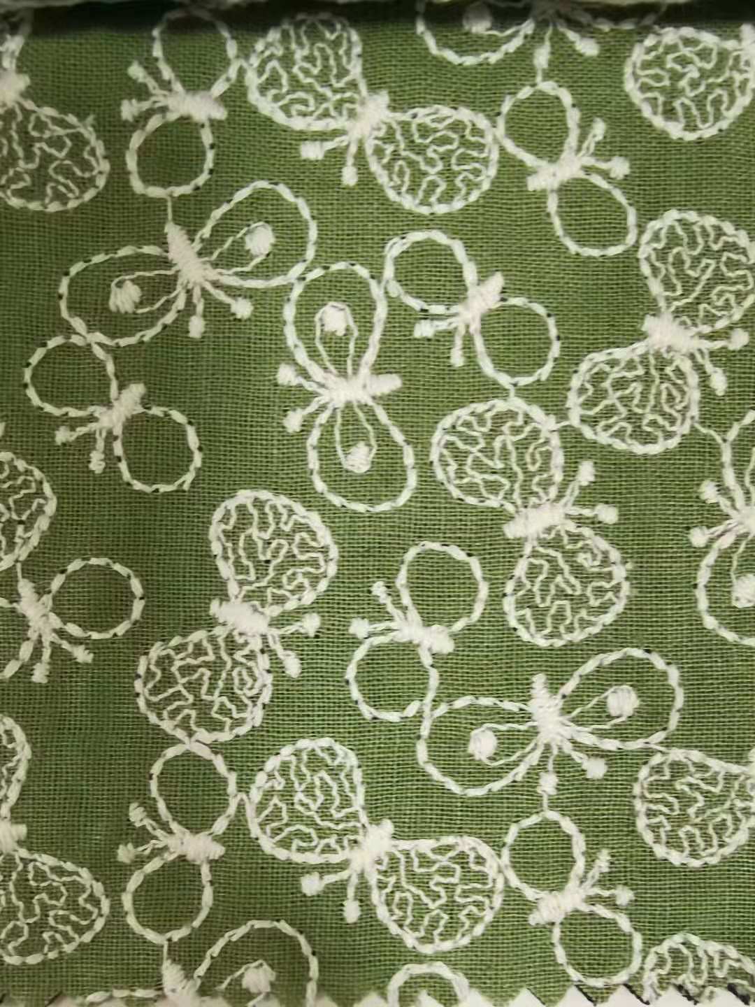 Butterfly Embroidery Linen Cotton Fabric, 49 in Wide - Green