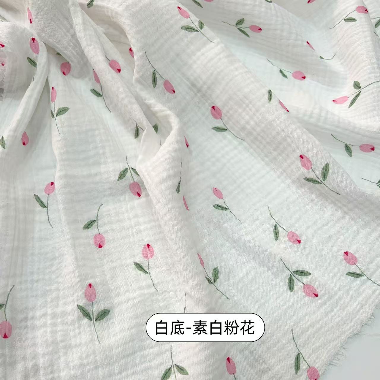 Double Gauze Cotton Fabric - Crinkle Texture Apparel & Craft by the Yard - Pink Floral