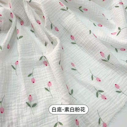 Double Gauze Cotton Fabric - Crinkle Texture Apparel & Craft by the Yard - Pink Floral