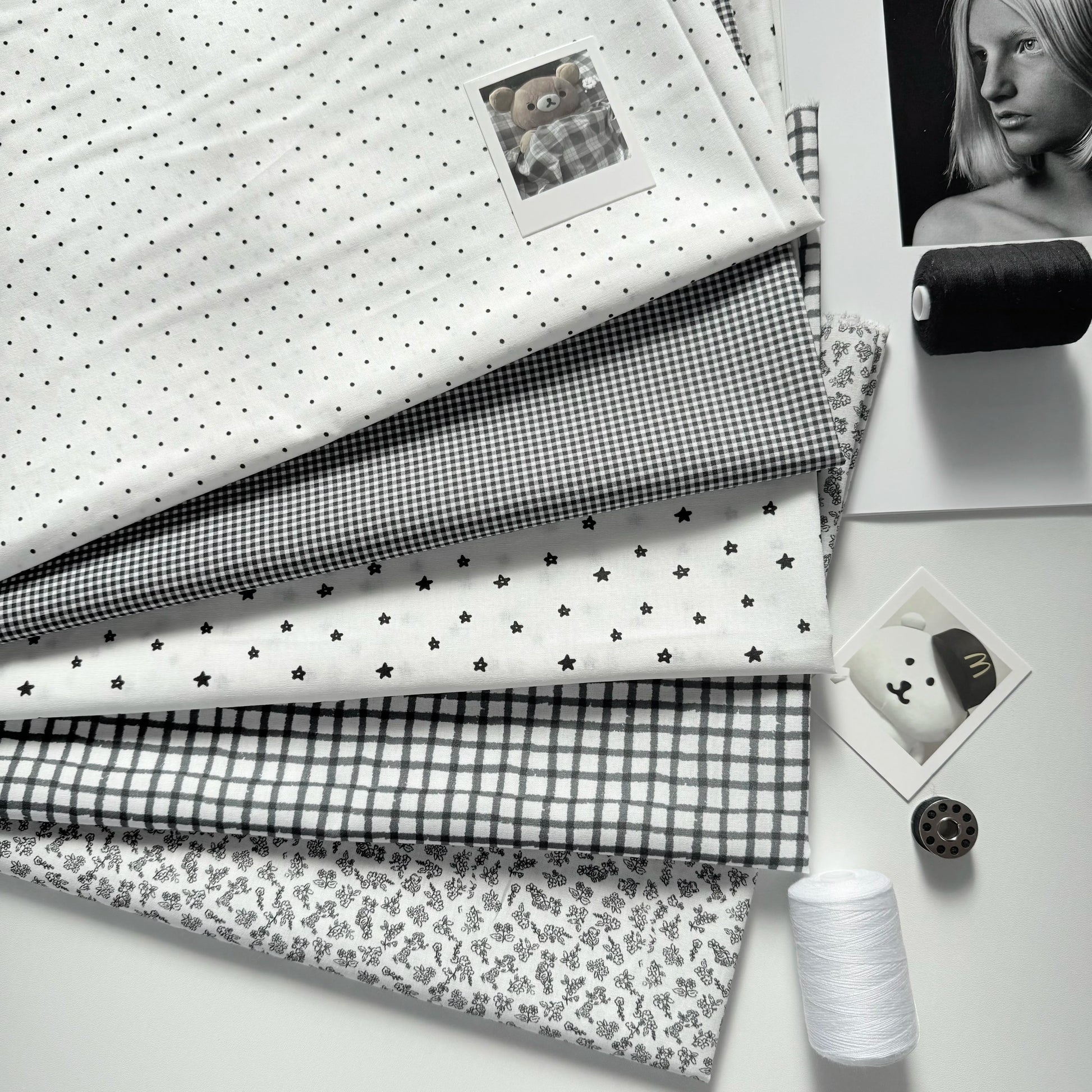 Cotton Print Fabric, Black & White Motifs, for Dollwear, Tablecloths & Scrunchies