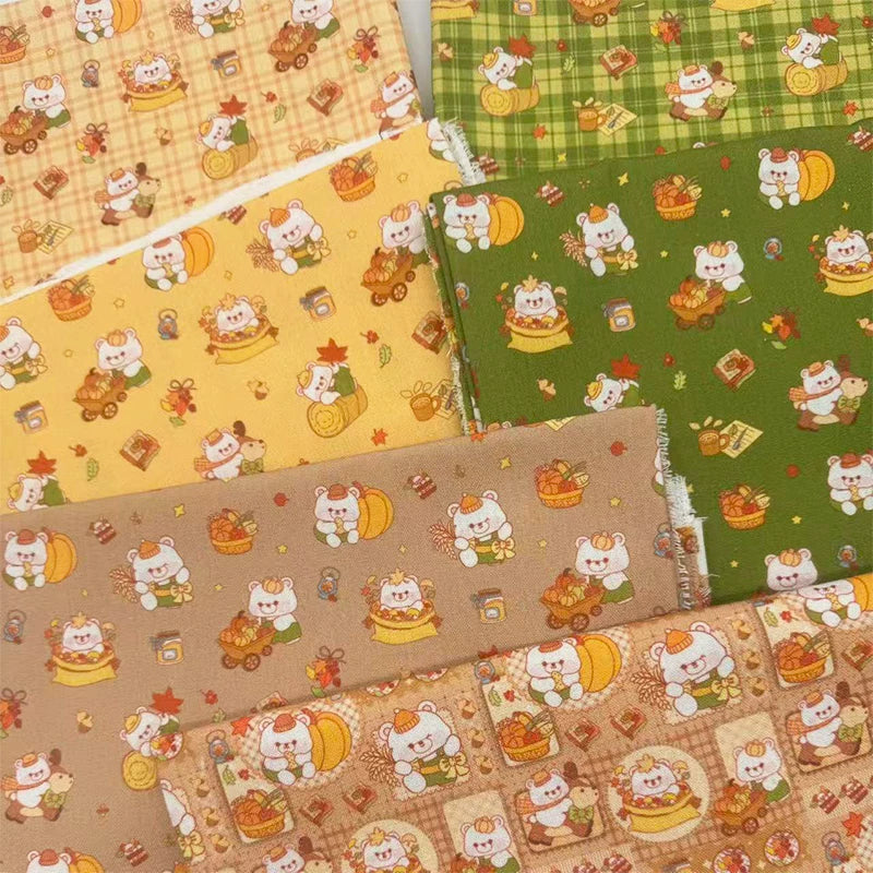 Autumn Woodland Bear Print Cotton-Linen Fabric, Cozy Fall Cloth for DIY & Decor