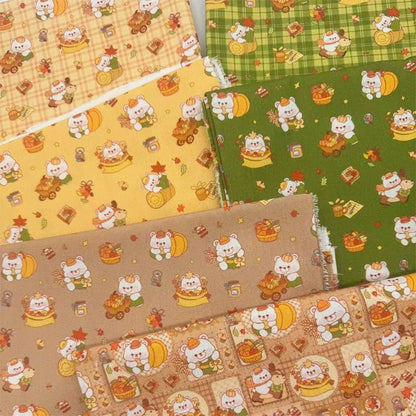 Autumn Woodland Bear Print Cotton-Linen Fabric, Cozy Fall Cloth for DIY & Decor