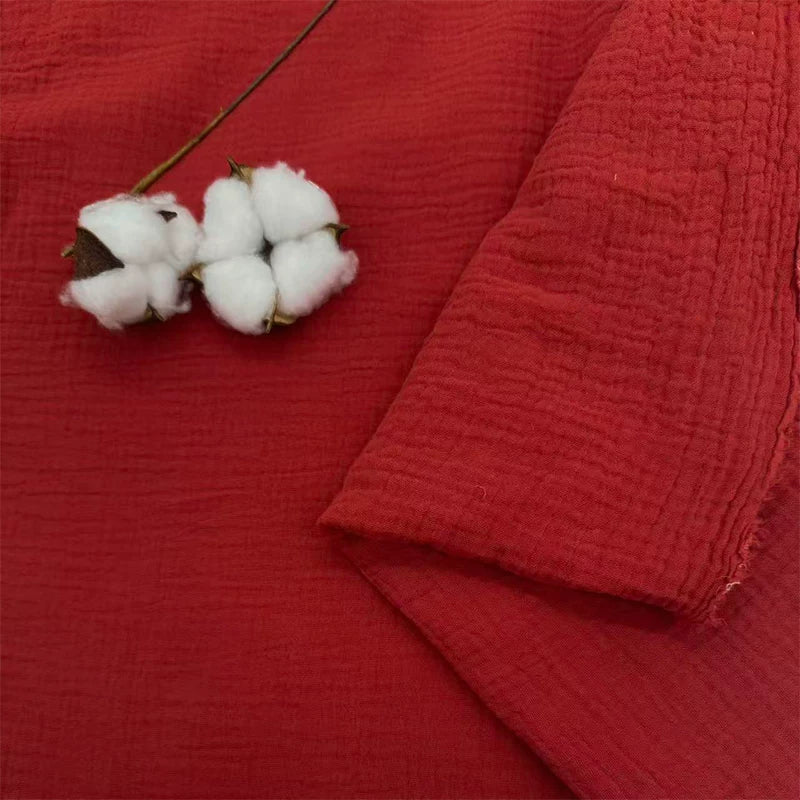 Double-Layer Cotton Gauze Fabric, Soft Crinkle Woven for Loungewear - Red 61#
