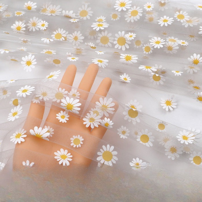 Daisy Print Polyester Gauze Fabric, Sheer Floral Mesh for Wedding & Apparel - Light Grey