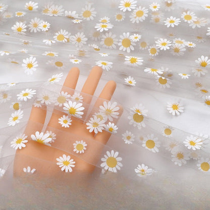 Daisy Print Polyester Gauze Fabric, Sheer Floral Mesh for Wedding & Apparel - Light Grey
