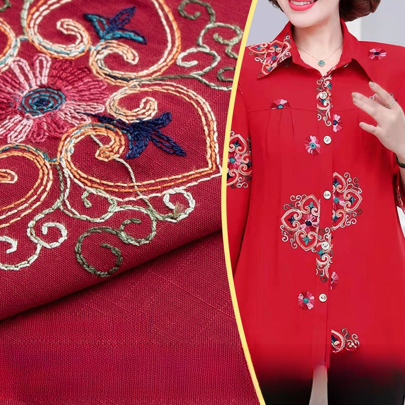 Embroidered Slub Cotton Fabric, Lightweight Woven Cloth for Shirts & Dresses - Wine Red