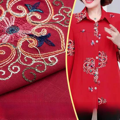 Embroidered Slub Cotton Fabric, Lightweight Woven Cloth for Shirts & Dresses - Wine Red