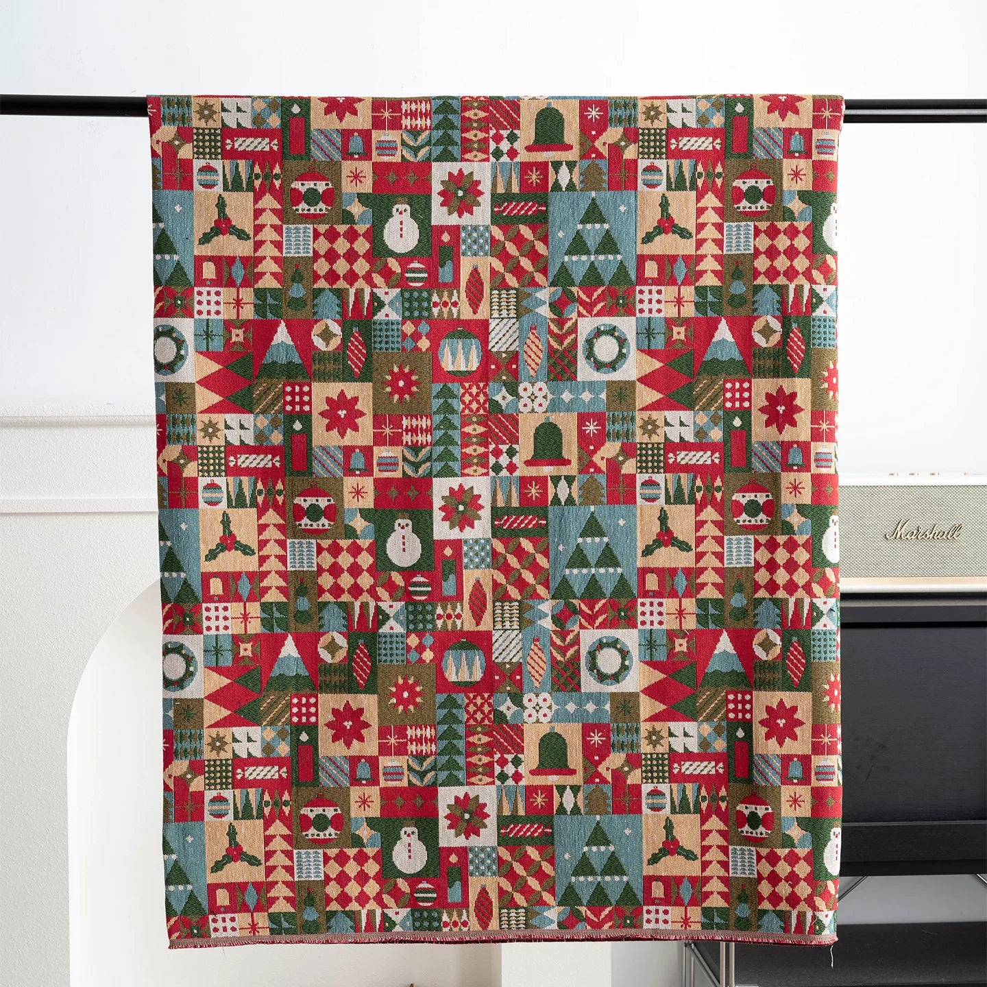 Christmas Jacquard Fabric, Thick Woven Cloth for Sofa & Table Decor - Christmas Floral
