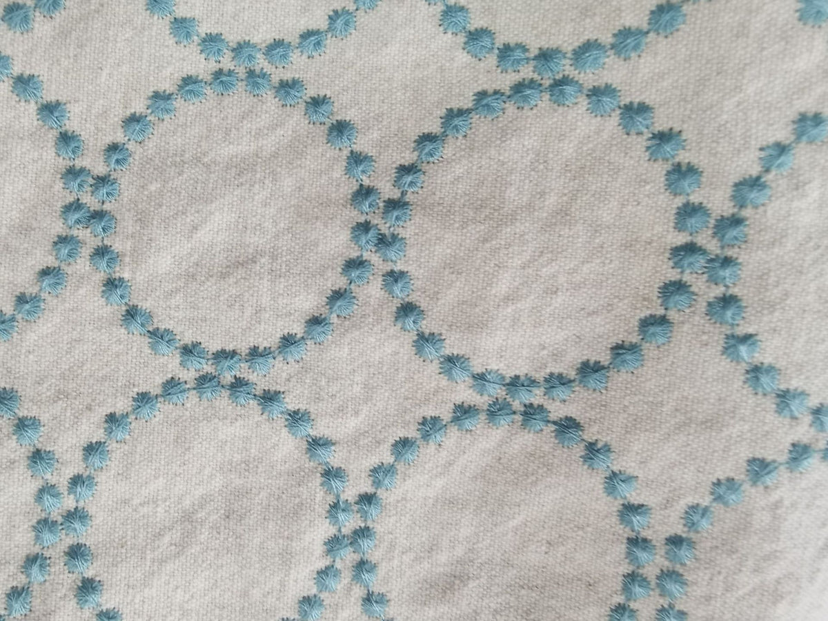 Embroidered Linen Cotton Fabric, Heavy 14oz, 47 in Wide - Blue on Cream