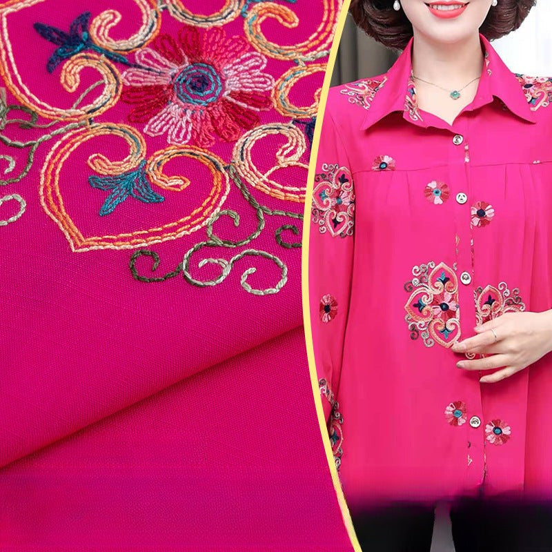 Embroidered Slub Cotton Fabric, Lightweight Woven Cloth for Shirts & Dresses - Rose Red