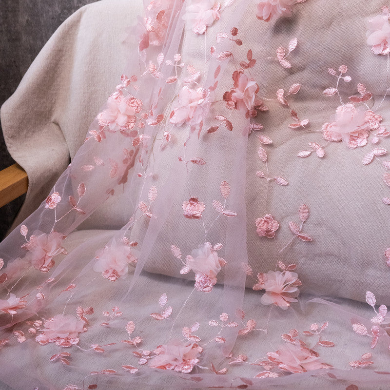 Polyester Mesh Fabric with 3D Appliqué Embroidery, 100 g/m², 150 cm Wide, for Dresses, Kids' Fashion & Craft - Pink