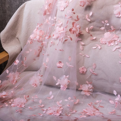 Polyester Mesh Fabric with 3D Appliqué Embroidery, 100 g/m², 150 cm Wide, for Dresses, Kids' Fashion & Craft - Pink