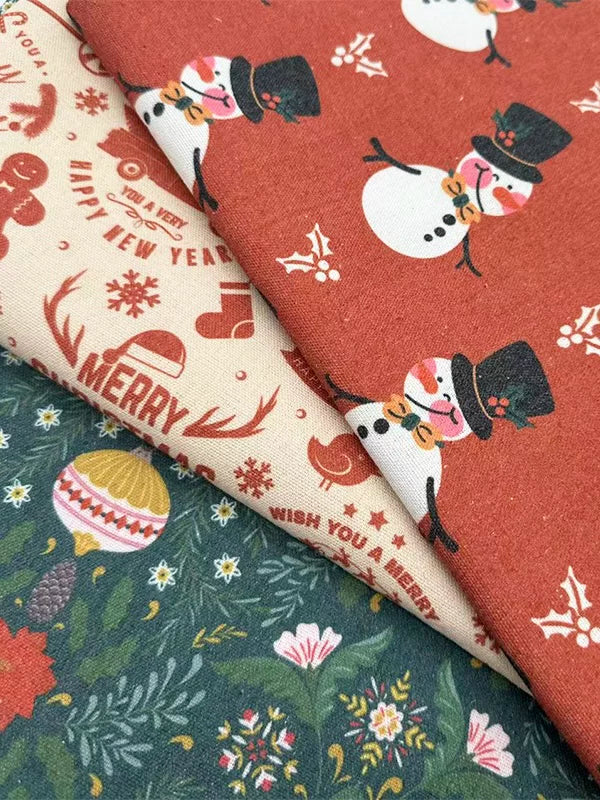 Christmas Print Cotton-Linen Fabric, Encrypted Woven Cloth for Decor & DIY