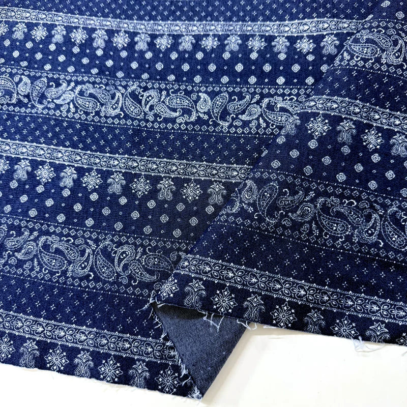 Cotton Denim Fabric, Washed Prints, for Dresses, Shirts & DIY - Ethnic Paisley