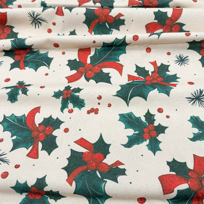 Christmas Print Cotton-Linen Fabric, Encrypted Woven Cloth for Decor & DIY - Green Leaf Bell