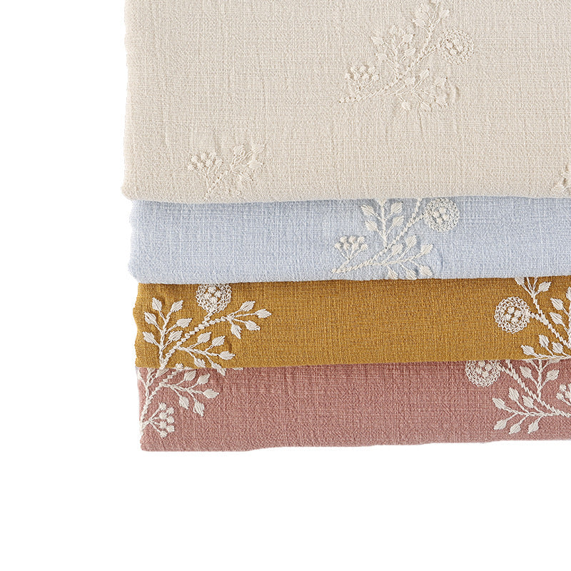 Slub Cotton Floral Embroidery Fabric, 49 in Wide - Cream