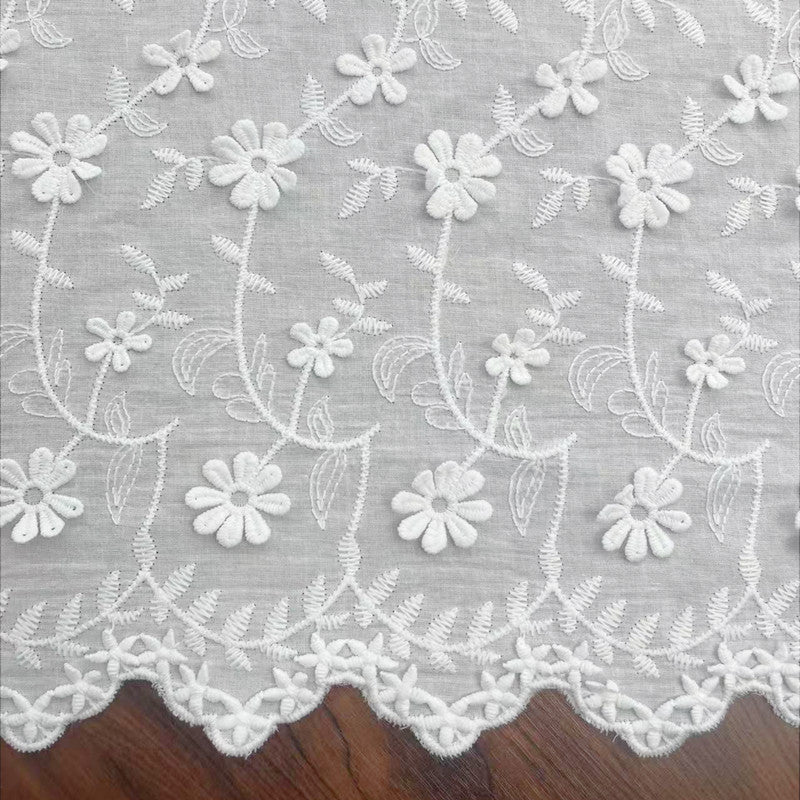 Cotton Fabric with Dimensional Floral Embroidery, 80 g/m², 130 cm Wide, for Kids' Clothing, Dresses & Craft - White