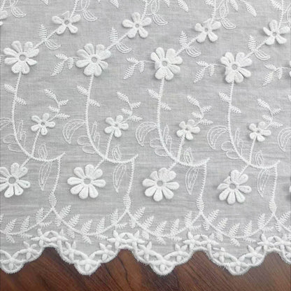 Cotton Fabric with Dimensional Floral Embroidery, 80 g/m², 130 cm Wide, for Kids' Clothing, Dresses & Craft - White