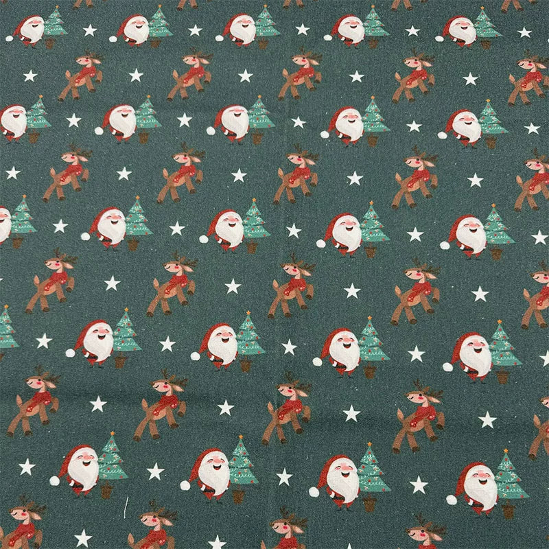 Christmas Print Cotton-Linen Fabric, Encrypted Woven Cloth for Decor & DIY - Green Santa