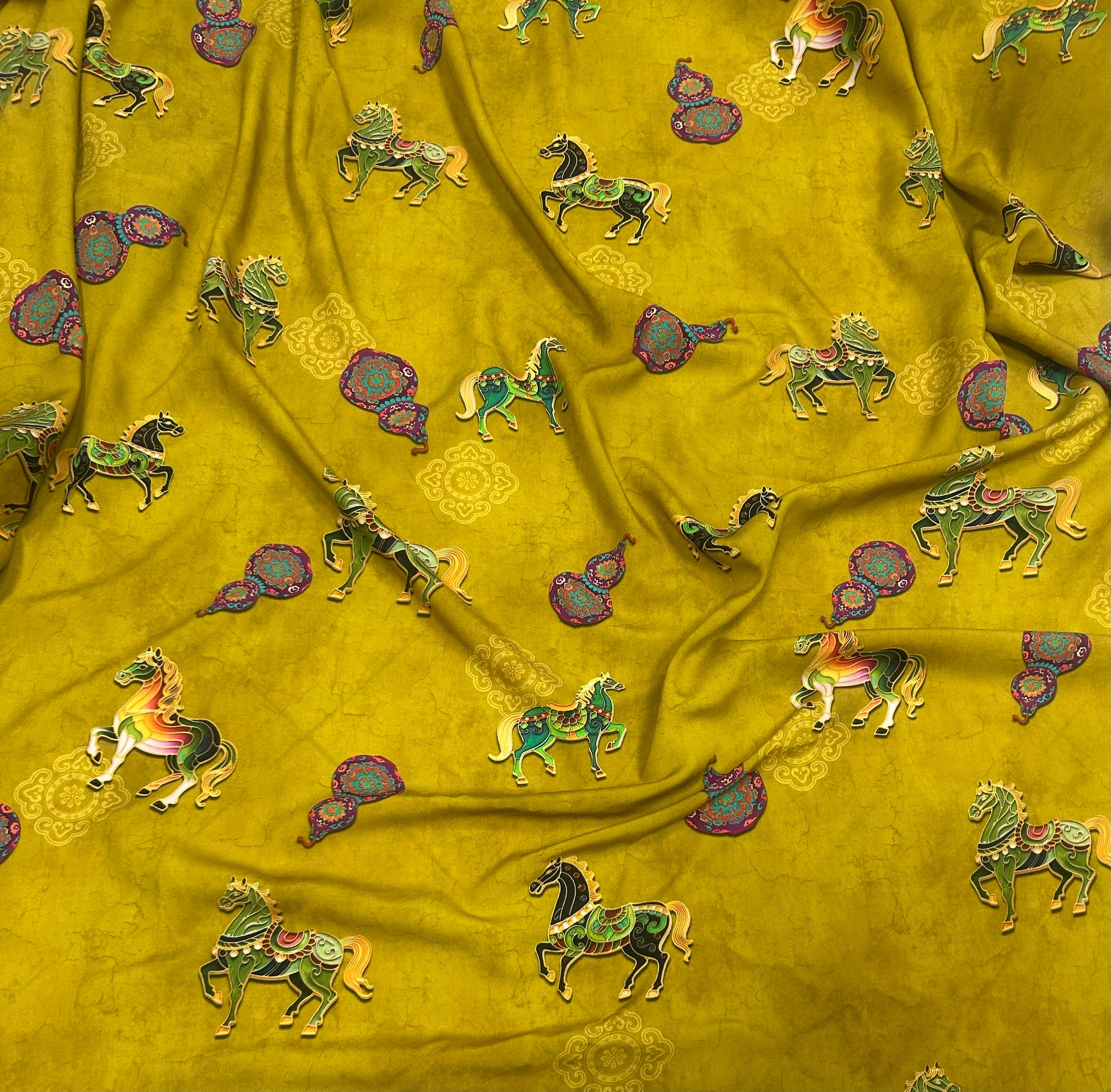 Rayon Fabric, Golden Horse Print, for Qipao & Vests