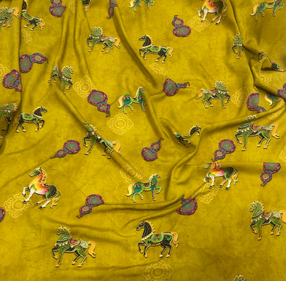 Rayon Fabric, Golden Horse Print, for Qipao & Vests